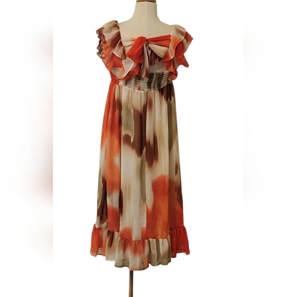 Banana Republic Chiffon Watercolor Ruffle Tie Bow Smocked Midi Dress